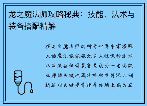 龙之魔法师攻略秘典：技能、法术与装备搭配精解